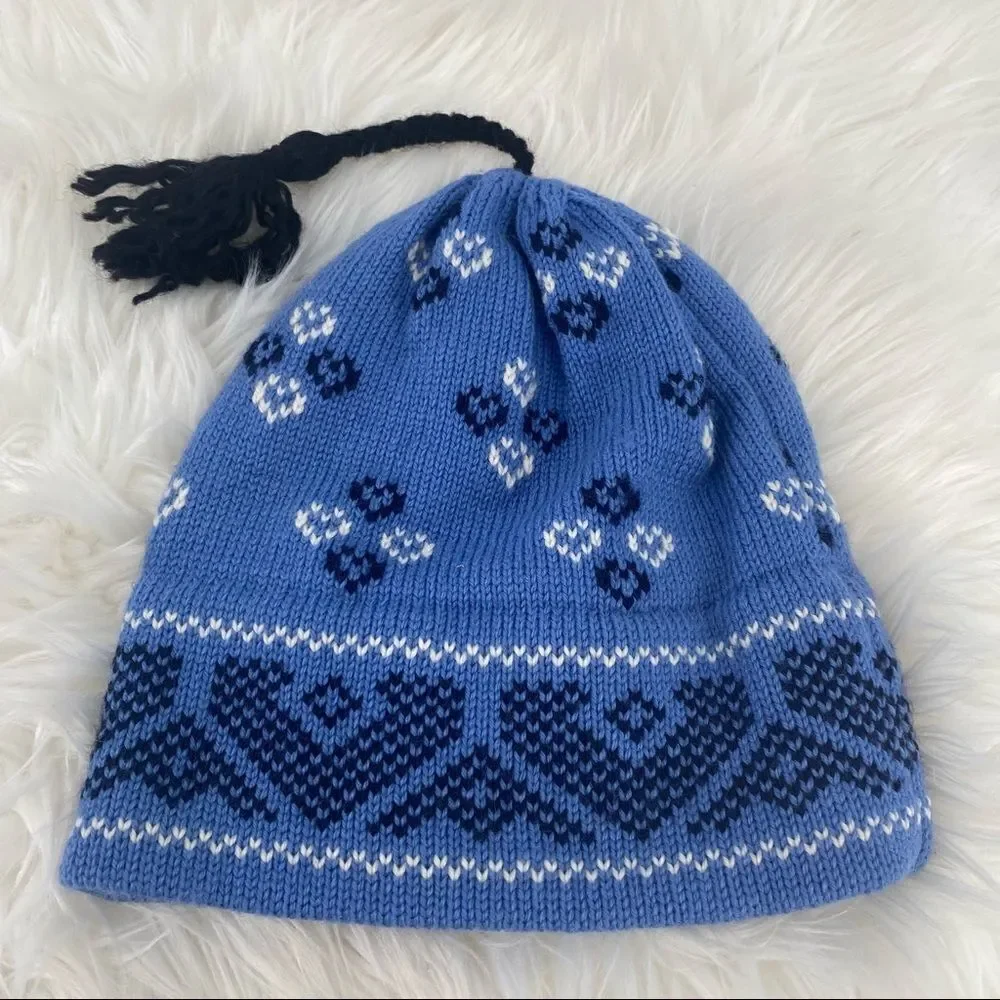 Vintage Handmade Top Notch Knits USA Beanie‎ Hat hearts VTG